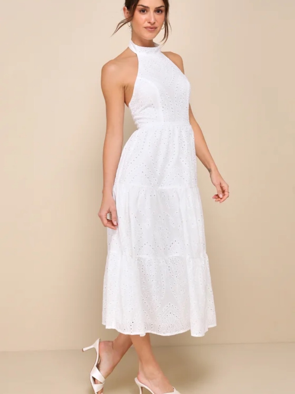 NWT Lulus Sunny Perception White Eyelet Embroidered Halter Midi Dress, XS - Picture 3 of 12